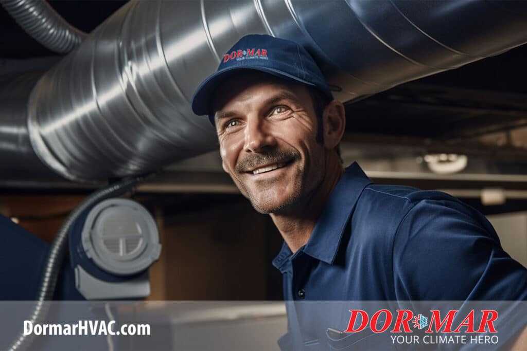 hvac technician working on ductwork in basement of luxury home